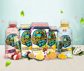 Colorful display of Bobalicious bubble teas and popping bubbles in lychee, mango, passion fruit, and pineapple flavors.